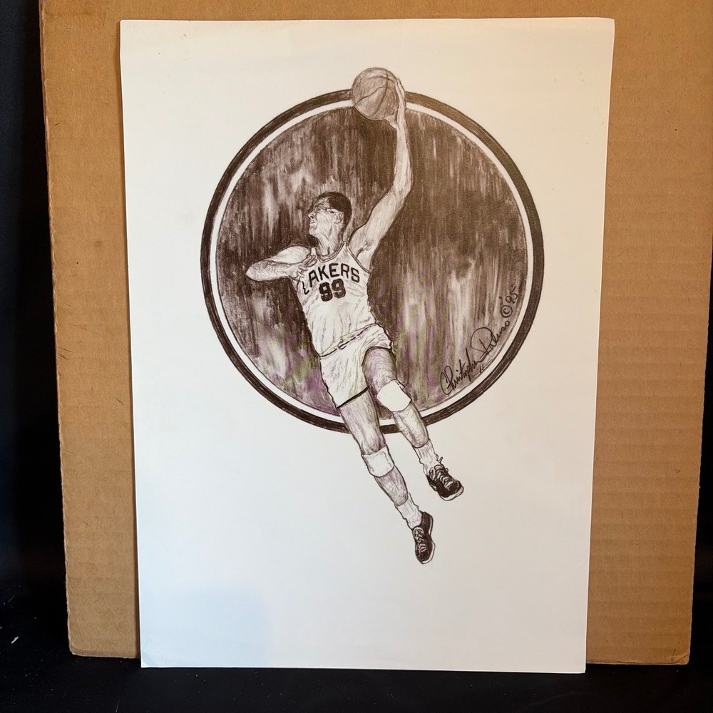 Christopher Paluso George Mikan Lakers Drawing Print 1985 Vintage Sports Art